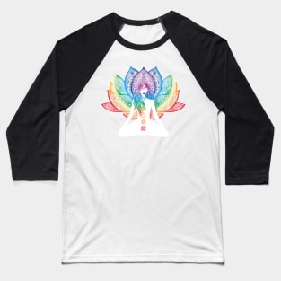 Rainbow Lotus Flower With Chakras Aligned Meditating Bohemian Girl Baseball T-Shirt